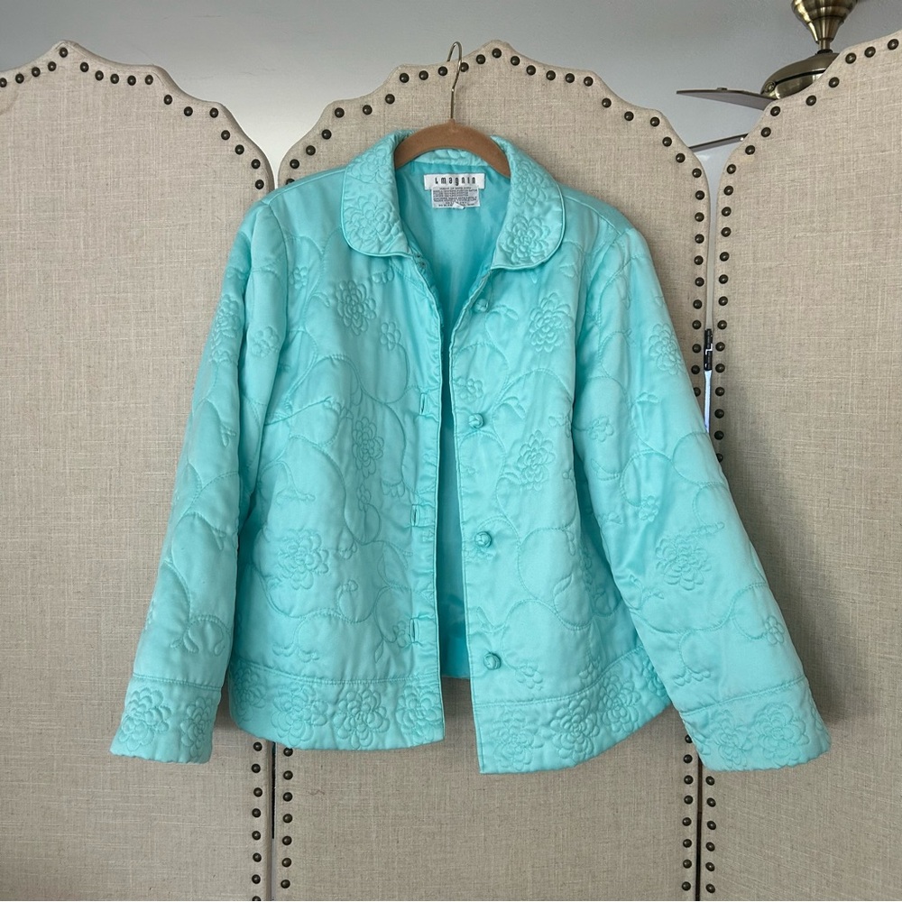 Aqua Floral Quilted Jacket 50s 60s Light Blue Quilted Bed Jacket Floral Print